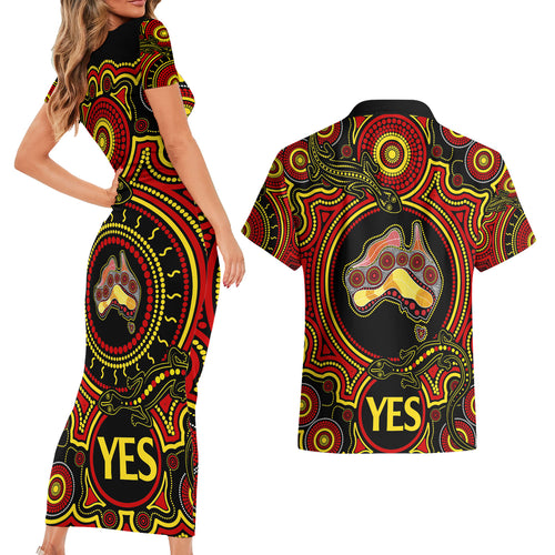 personalised-australia-vote-yes-couples-matching-short-sleeve-bodycon-dress-and-hawaiian-shirt-indigenous-voice-2023-maps-to-parliament-australia