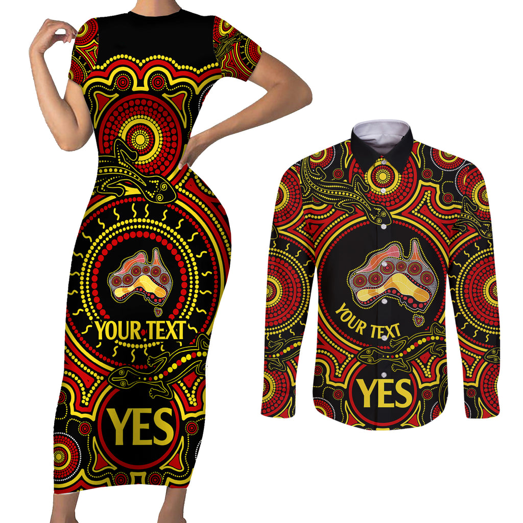 personalised-australia-vote-yes-couples-matching-short-sleeve-bodycon-dress-and-long-sleeve-button-shirts-indigenous-voice-2023-maps-to-parliament-australia