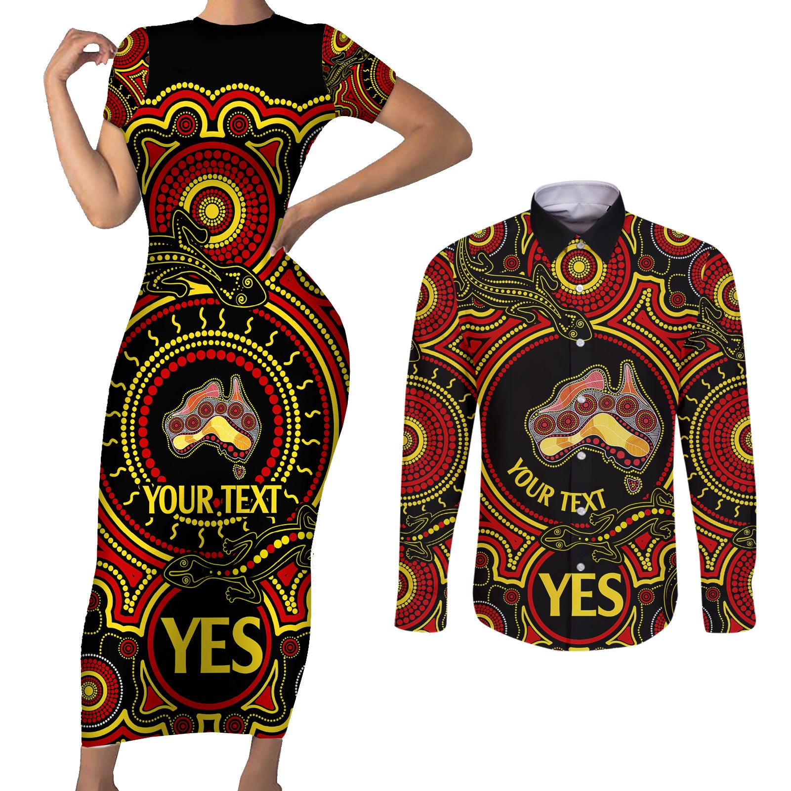 personalised-australia-vote-yes-couples-matching-short-sleeve-bodycon-dress-and-long-sleeve-button-shirts-indigenous-voice-2023-maps-to-parliament-australia