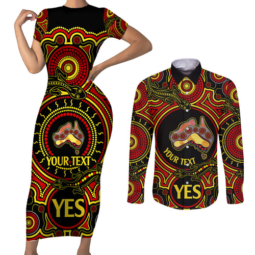 personalised-australia-vote-yes-couples-matching-short-sleeve-bodycon-dress-and-long-sleeve-button-shirts-indigenous-voice-2023-maps-to-parliament-australia