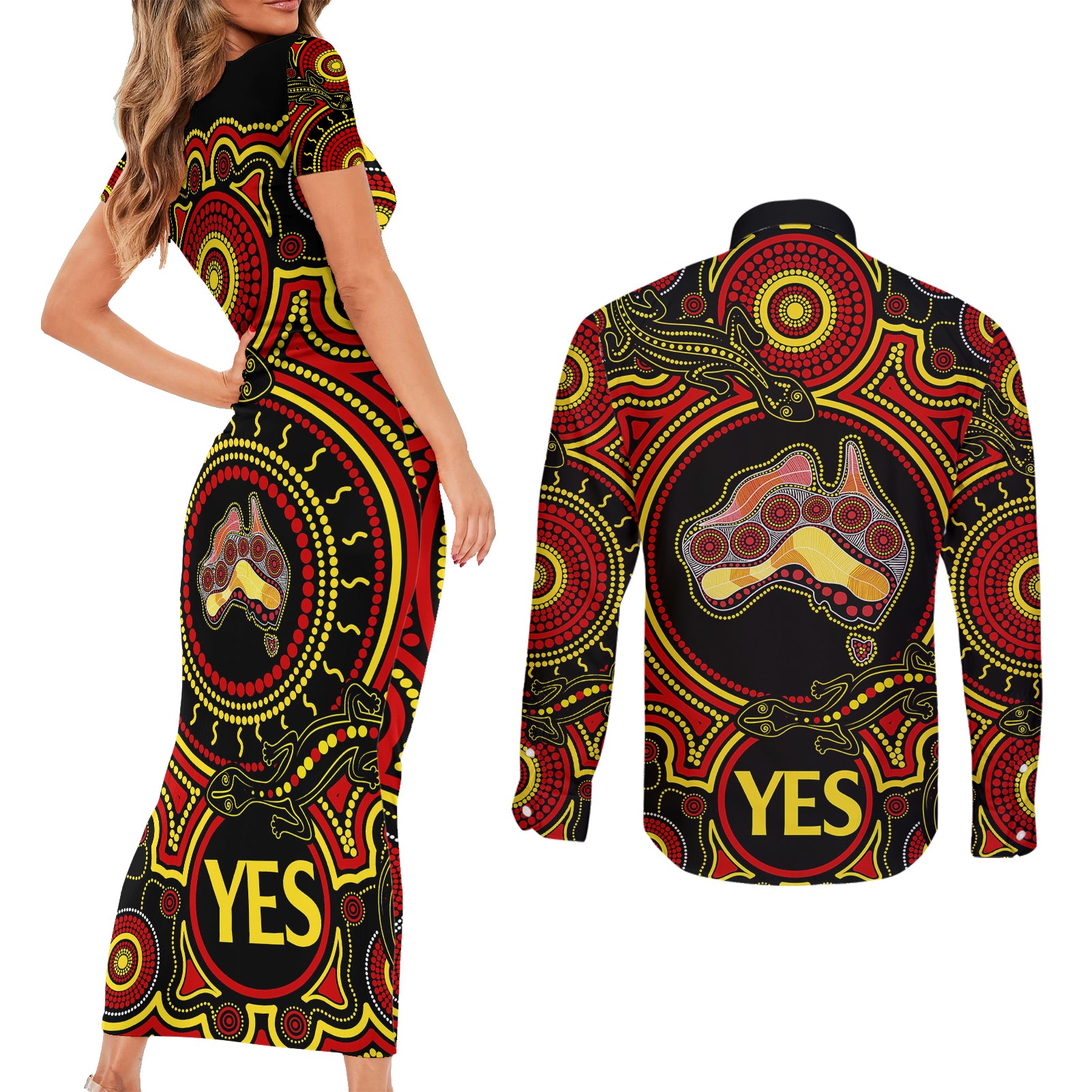 personalised-australia-vote-yes-couples-matching-short-sleeve-bodycon-dress-and-long-sleeve-button-shirts-indigenous-voice-2023-maps-to-parliament-australia
