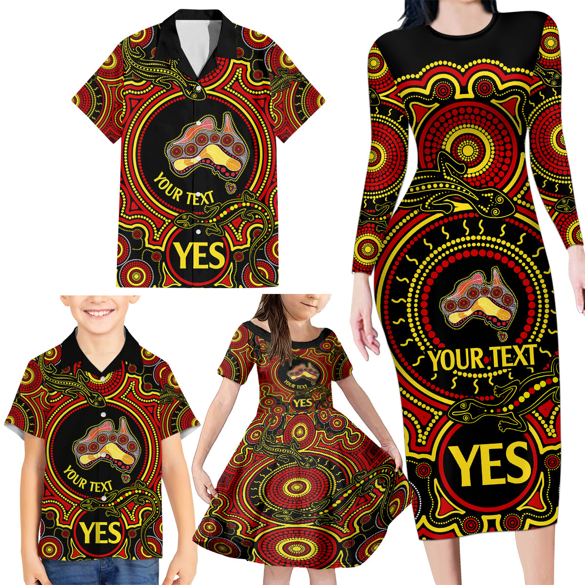 personalised-australia-vote-yes-family-matching-long-sleeve-bodycon-dress-and-hawaiian-shirt-indigenous-voice-2023-maps-to-parliament-australia