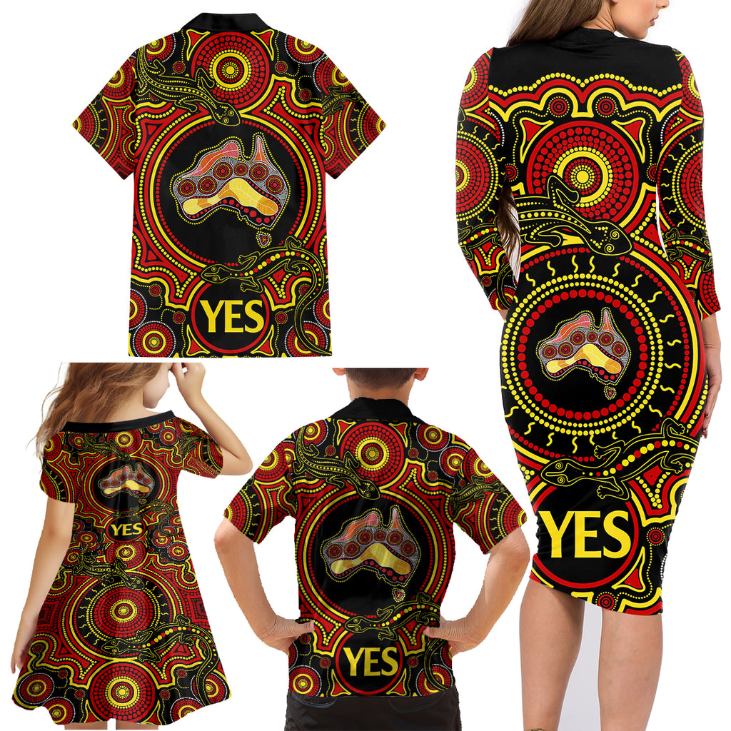 personalised-australia-vote-yes-family-matching-long-sleeve-bodycon-dress-and-hawaiian-shirt-indigenous-voice-2023-maps-to-parliament-australia