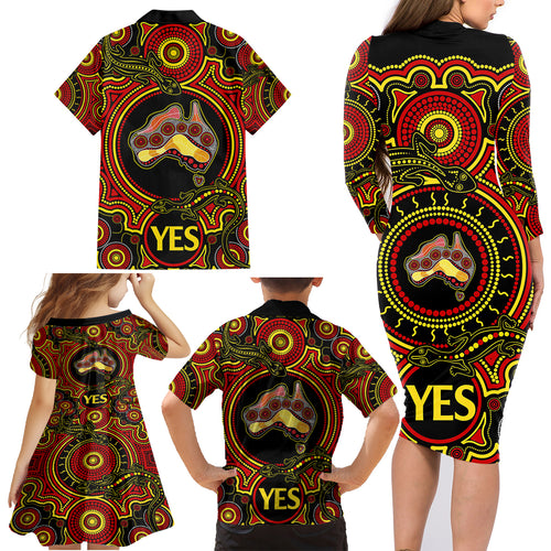 personalised-australia-vote-yes-family-matching-long-sleeve-bodycon-dress-and-hawaiian-shirt-indigenous-voice-2023-maps-to-parliament-australia
