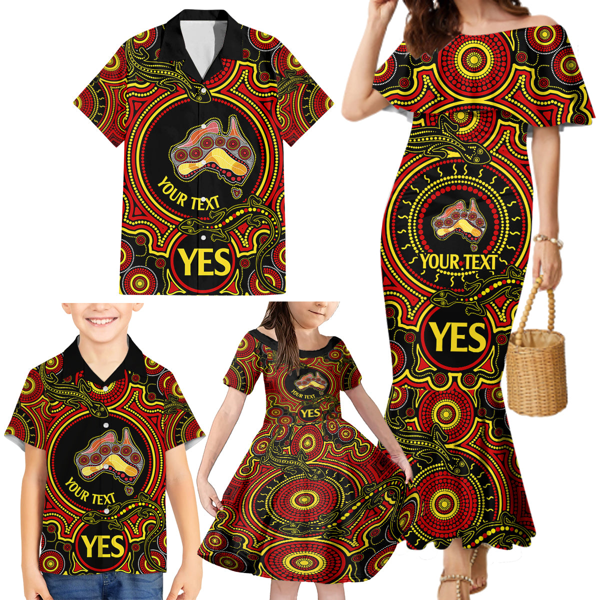 personalised-australia-vote-yes-family-matching-mermaid-dress-and-hawaiian-shirt-indigenous-voice-2023-maps-to-parliament-australia