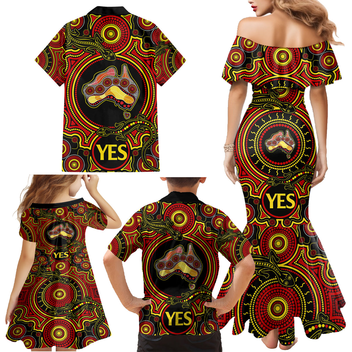 personalised-australia-vote-yes-family-matching-mermaid-dress-and-hawaiian-shirt-indigenous-voice-2023-maps-to-parliament-australia