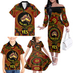 personalised-australia-vote-yes-family-matching-off-shoulder-long-sleeve-dress-and-hawaiian-shirt-indigenous-voice-2023-maps-to-parliament-australia