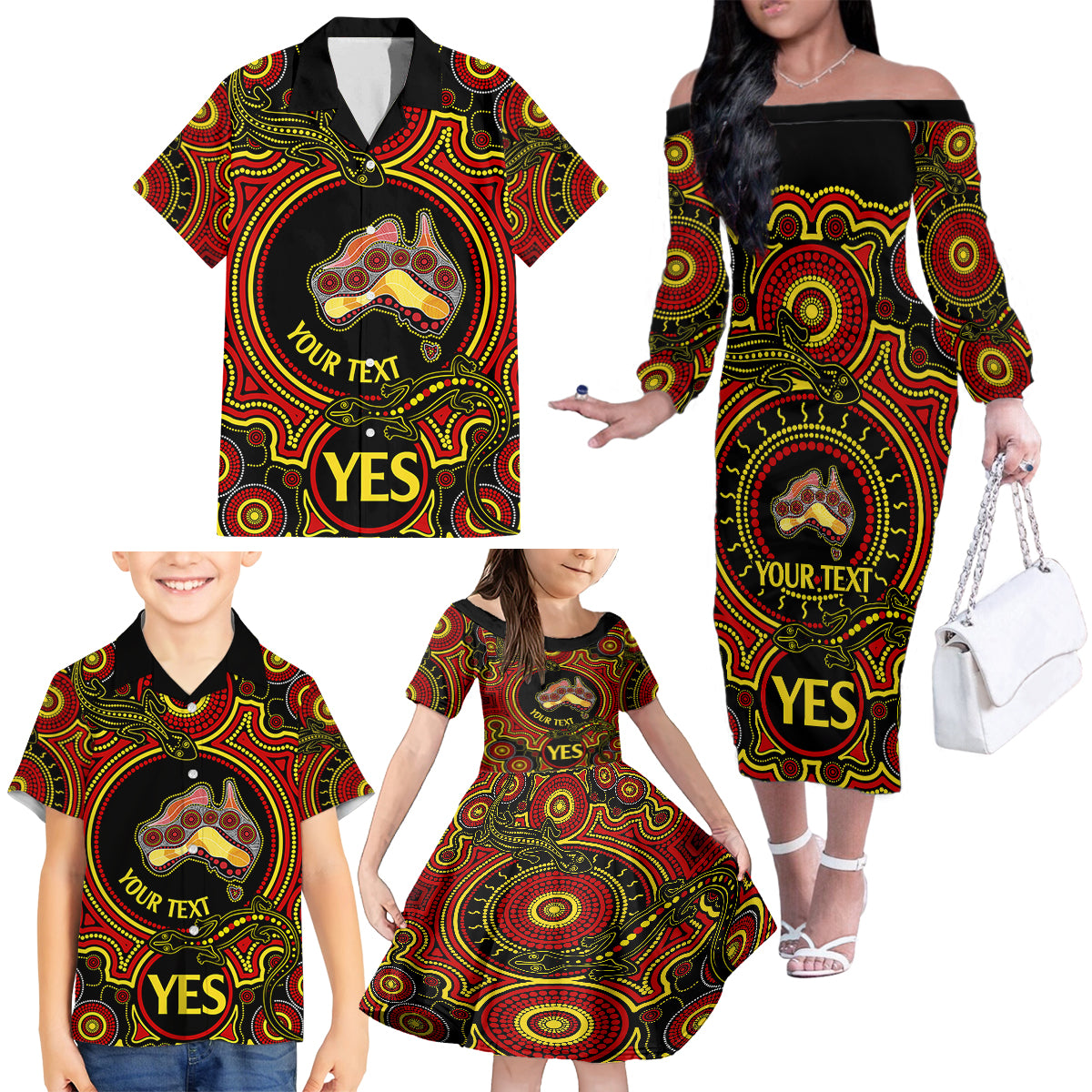 personalised-australia-vote-yes-family-matching-off-shoulder-long-sleeve-dress-and-hawaiian-shirt-indigenous-voice-2023-maps-to-parliament-australia
