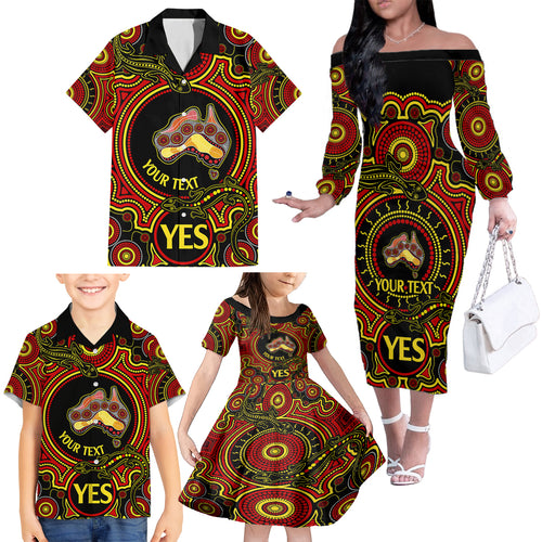 personalised-australia-vote-yes-family-matching-off-shoulder-long-sleeve-dress-and-hawaiian-shirt-indigenous-voice-2023-maps-to-parliament-australia