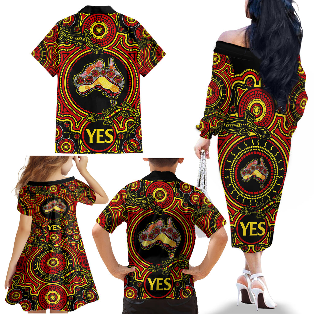 Personalised Australia Vote YES Family Matching Off Shoulder Long Sleeve Dress and Hawaiian Shirt Indigenous Voice 2023 Maps to Parliament Australia LT9