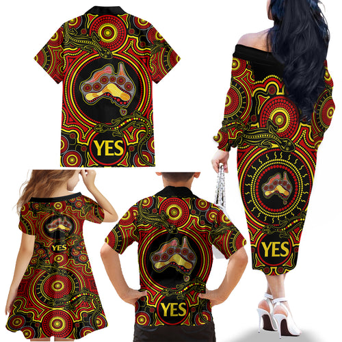Personalised Australia Vote YES Family Matching Off Shoulder Long Sleeve Dress and Hawaiian Shirt Indigenous Voice 2023 Maps to Parliament Australia LT9