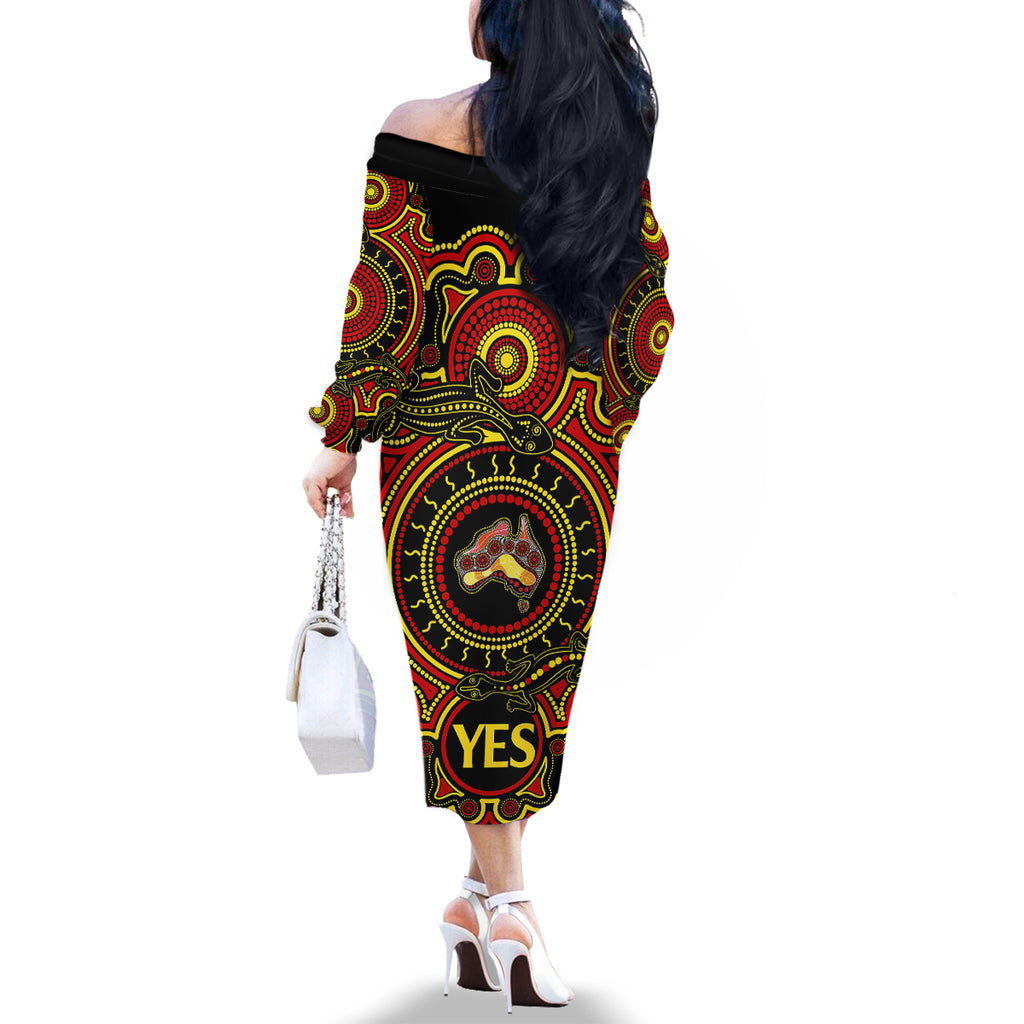 personalised-australia-vote-yes-family-matching-off-shoulder-long-sleeve-dress-and-hawaiian-shirt-indigenous-voice-2023-maps-to-parliament-australia