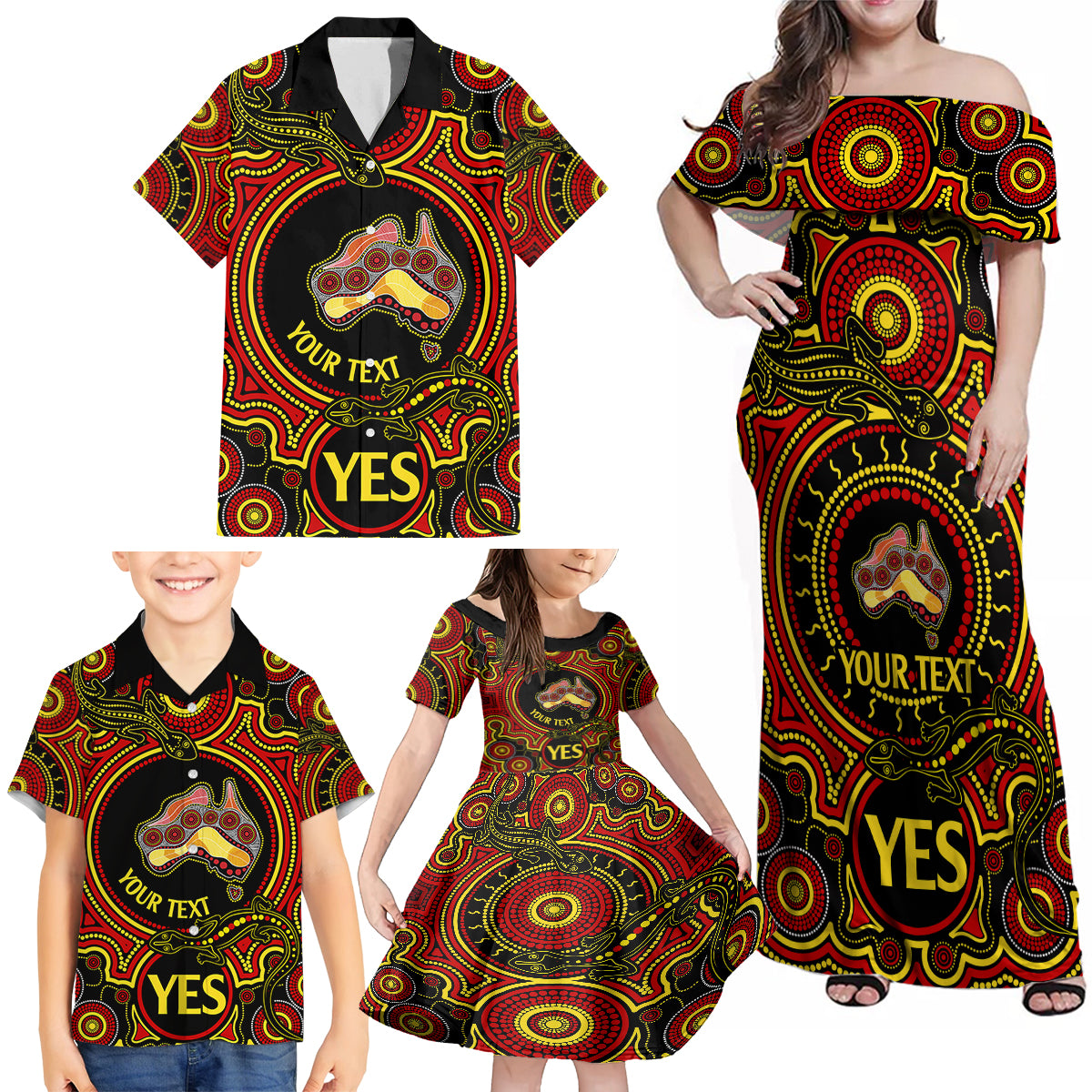 personalised-australia-vote-yes-family-matching-off-shoulder-maxi-dress-and-hawaiian-shirt-indigenous-voice-2023-maps-to-parliament-australia