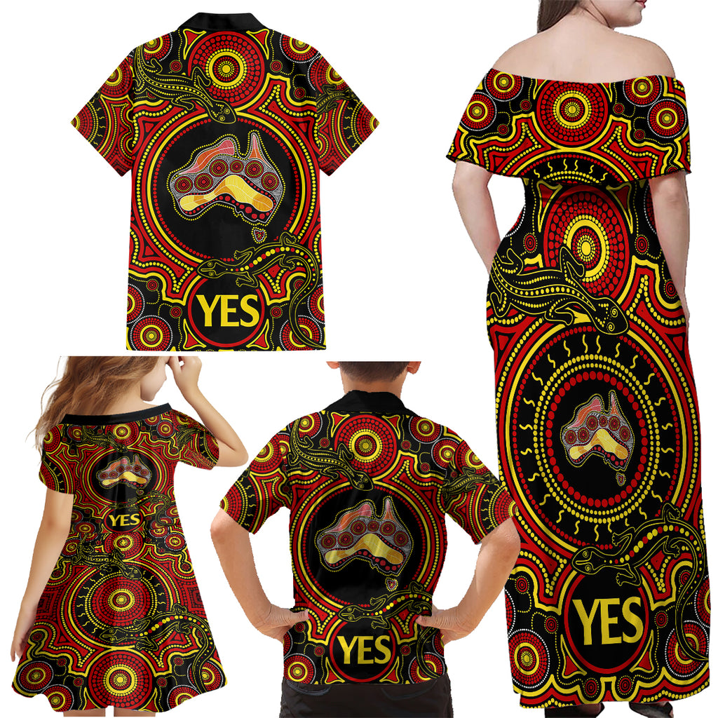 personalised-australia-vote-yes-family-matching-off-shoulder-maxi-dress-and-hawaiian-shirt-indigenous-voice-2023-maps-to-parliament-australia