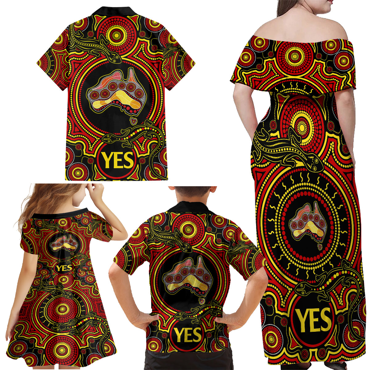 personalised-australia-vote-yes-family-matching-off-shoulder-maxi-dress-and-hawaiian-shirt-indigenous-voice-2023-maps-to-parliament-australia