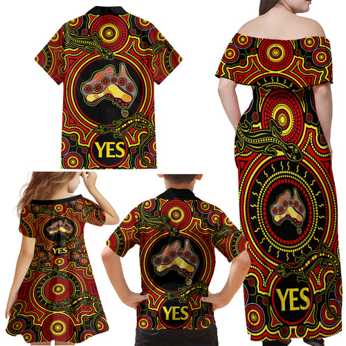 personalised-australia-vote-yes-family-matching-off-shoulder-maxi-dress-and-hawaiian-shirt-indigenous-voice-2023-maps-to-parliament-australia