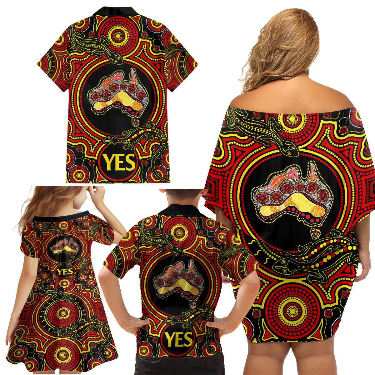 personalised-australia-vote-yes-family-matching-off-shoulder-short-dress-and-hawaiian-shirt-indigenous-voice-2023-maps-to-parliament-australia