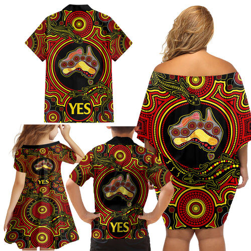 personalised-australia-vote-yes-family-matching-off-shoulder-short-dress-and-hawaiian-shirt-indigenous-voice-2023-maps-to-parliament-australia