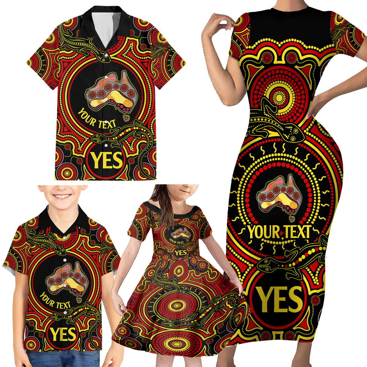 personalised-australia-vote-yes-family-matching-short-sleeve-bodycon-dress-and-hawaiian-shirt-indigenous-voice-2023-maps-to-parliament-australia