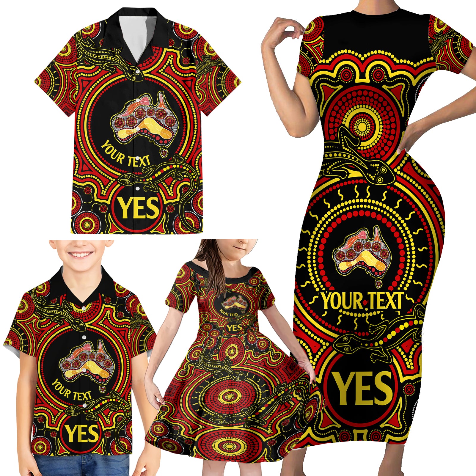 personalised-australia-vote-yes-family-matching-short-sleeve-bodycon-dress-and-hawaiian-shirt-indigenous-voice-2023-maps-to-parliament-australia