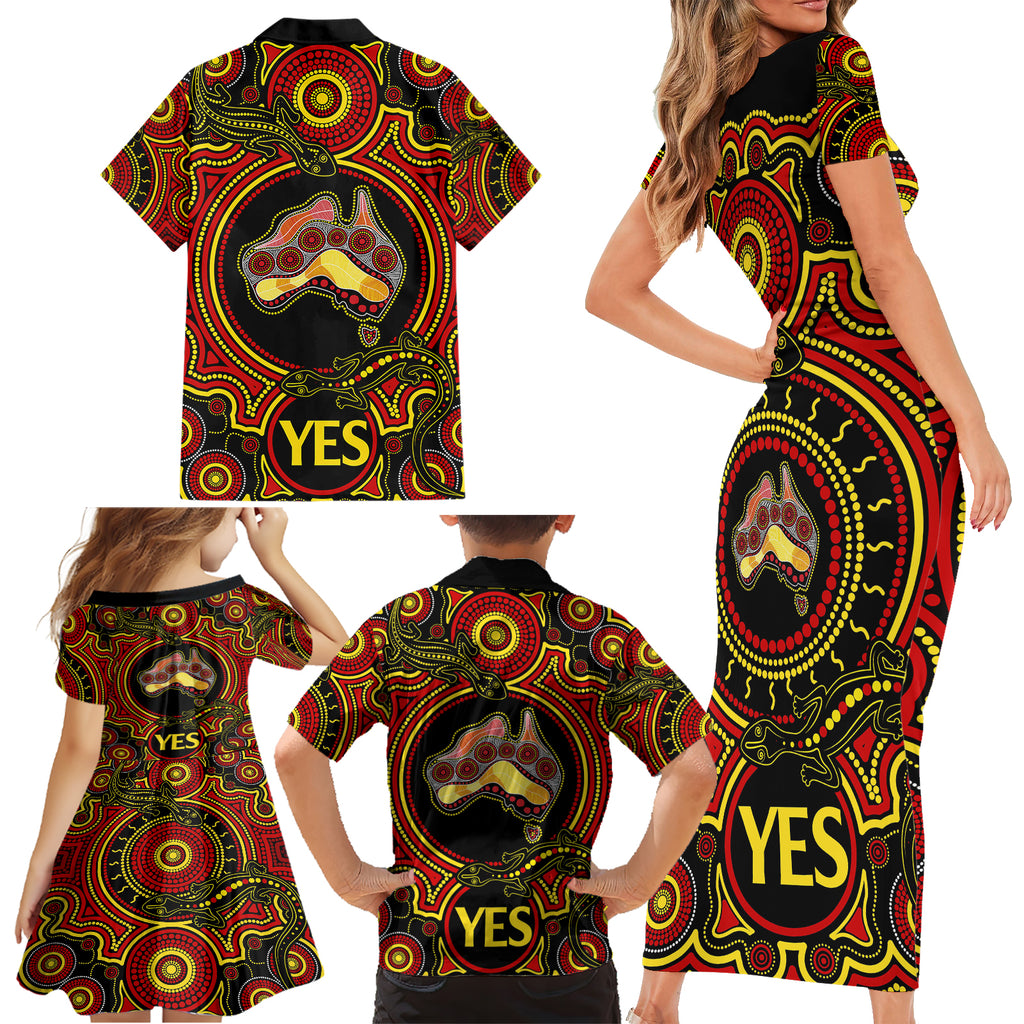 personalised-australia-vote-yes-family-matching-short-sleeve-bodycon-dress-and-hawaiian-shirt-indigenous-voice-2023-maps-to-parliament-australia