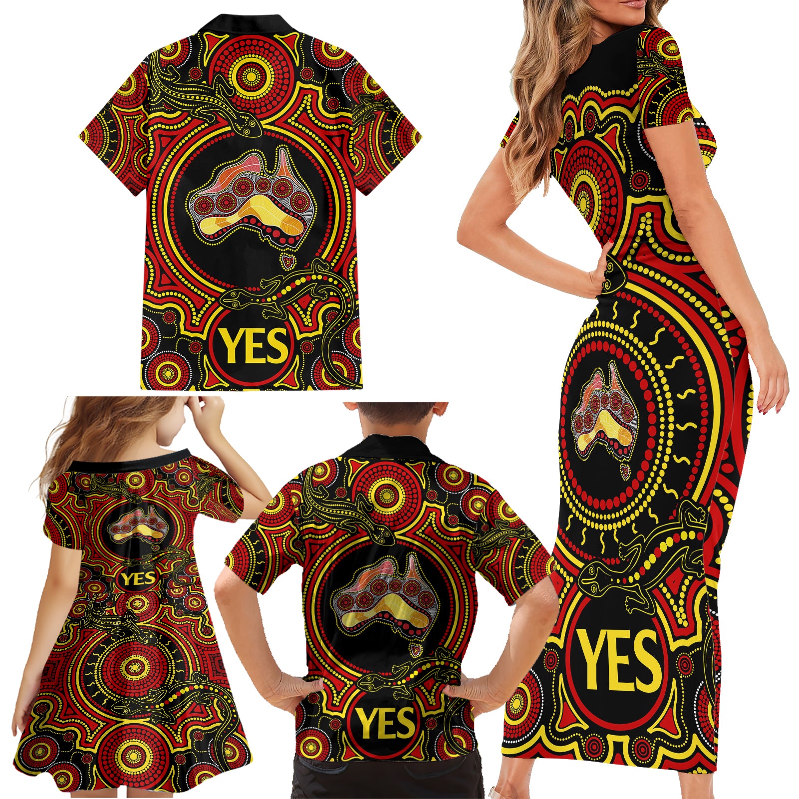 personalised-australia-vote-yes-family-matching-short-sleeve-bodycon-dress-and-hawaiian-shirt-indigenous-voice-2023-maps-to-parliament-australia