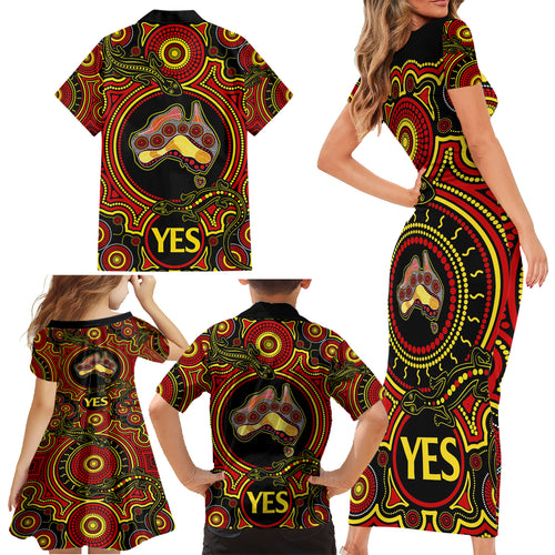 personalised-australia-vote-yes-family-matching-short-sleeve-bodycon-dress-and-hawaiian-shirt-indigenous-voice-2023-maps-to-parliament-australia