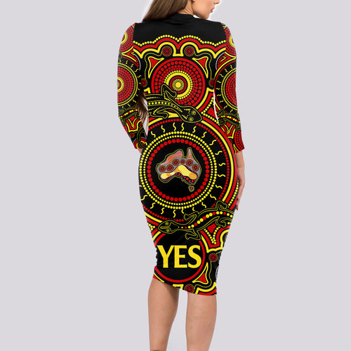 personalised-australia-vote-yes-long-sleeve-bodycon-dress-indigenous-voice-2023-maps-to-parliament-australia