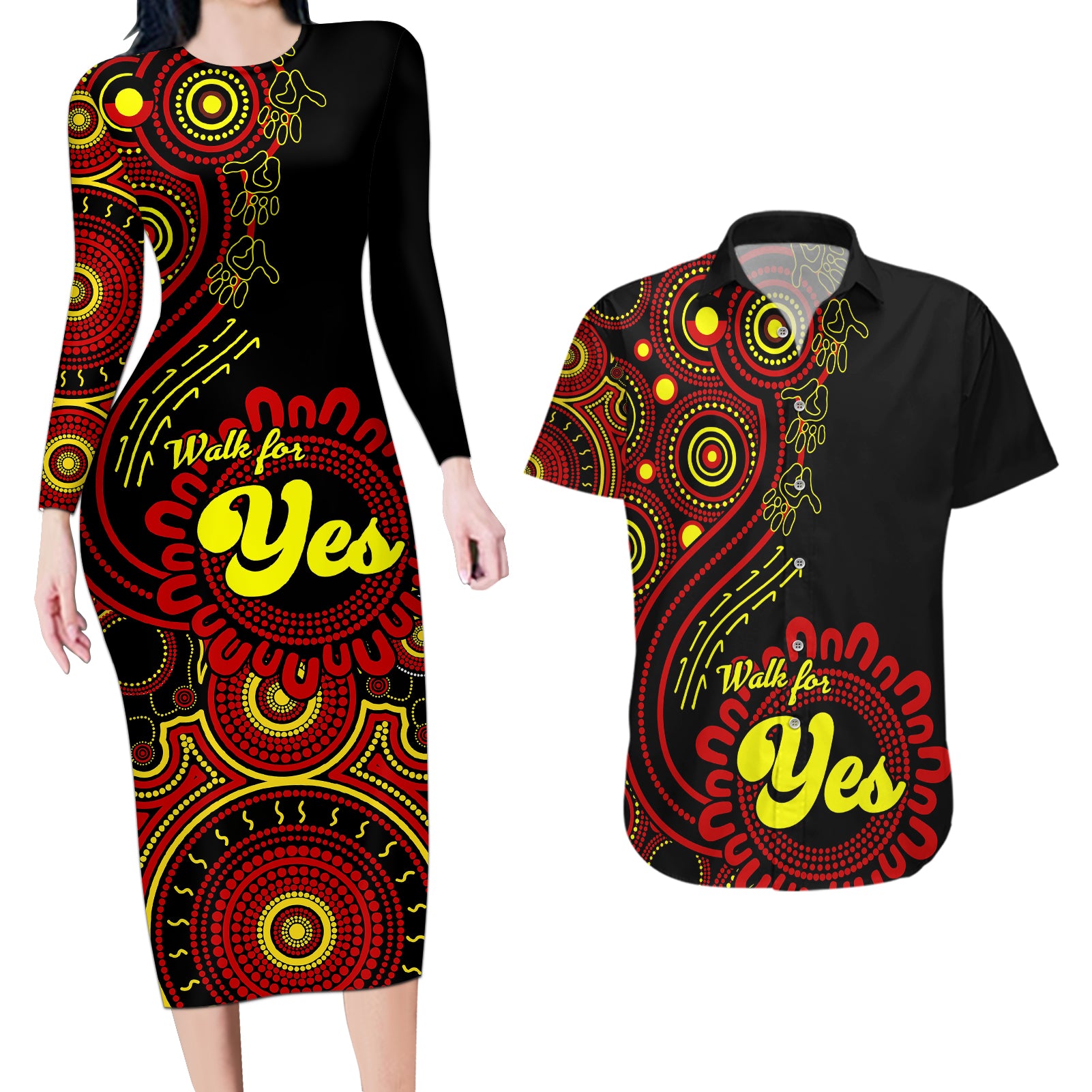 australia-walk-for-yes-couples-matching-long-sleeve-bodycon-dress-and-hawaiian-shirt-indigenous-voice-2023-aboriginal-red-vibe