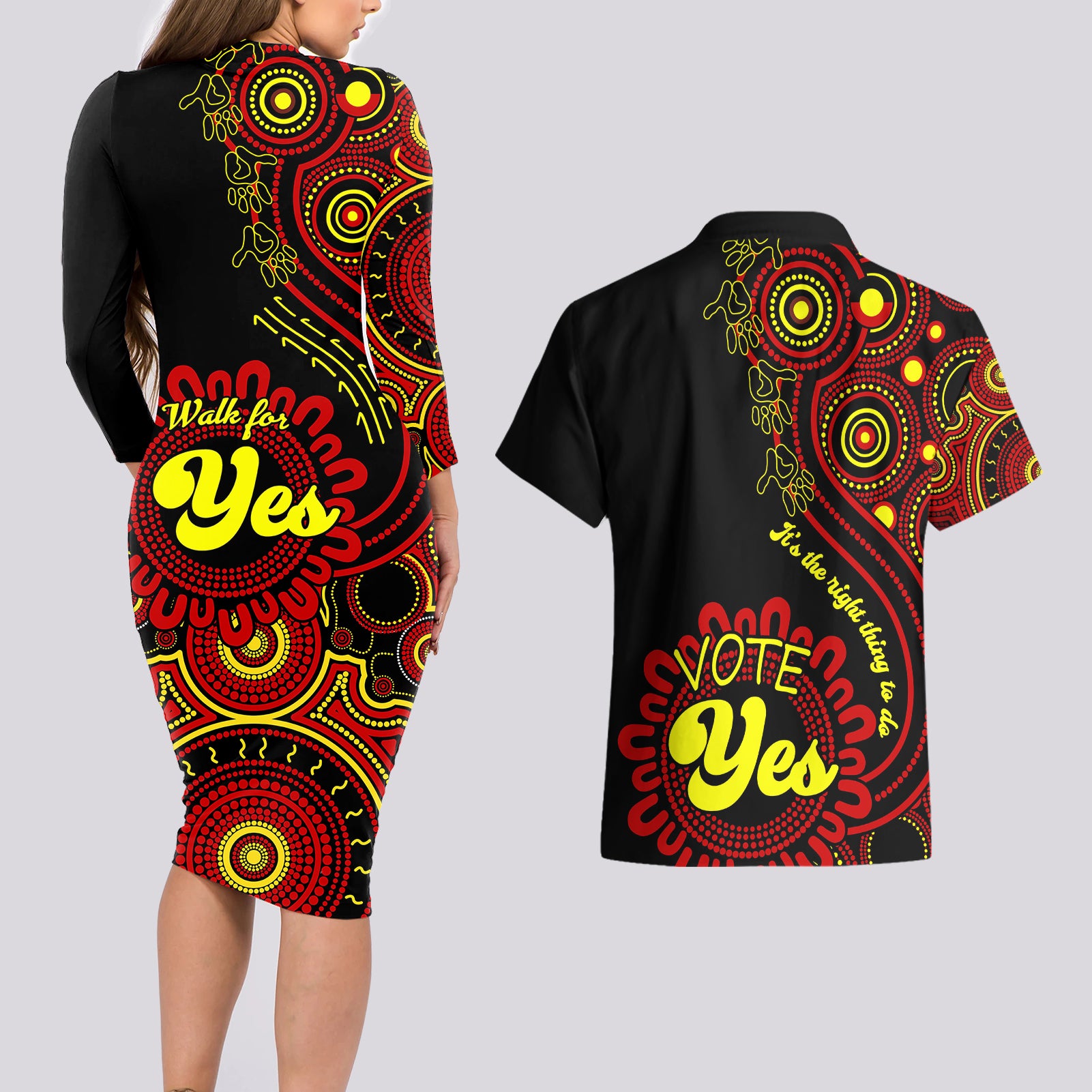 australia-walk-for-yes-couples-matching-long-sleeve-bodycon-dress-and-hawaiian-shirt-indigenous-voice-2023-aboriginal-red-vibe