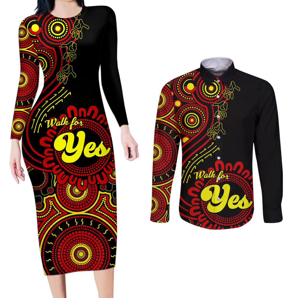 australia-walk-for-yes-couples-matching-long-sleeve-bodycon-dress-and-long-sleeve-button-shirts-indigenous-voice-2023-aboriginal-red-vibe