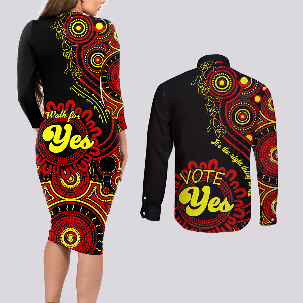 australia-walk-for-yes-couples-matching-long-sleeve-bodycon-dress-and-long-sleeve-button-shirts-indigenous-voice-2023-aboriginal-red-vibe