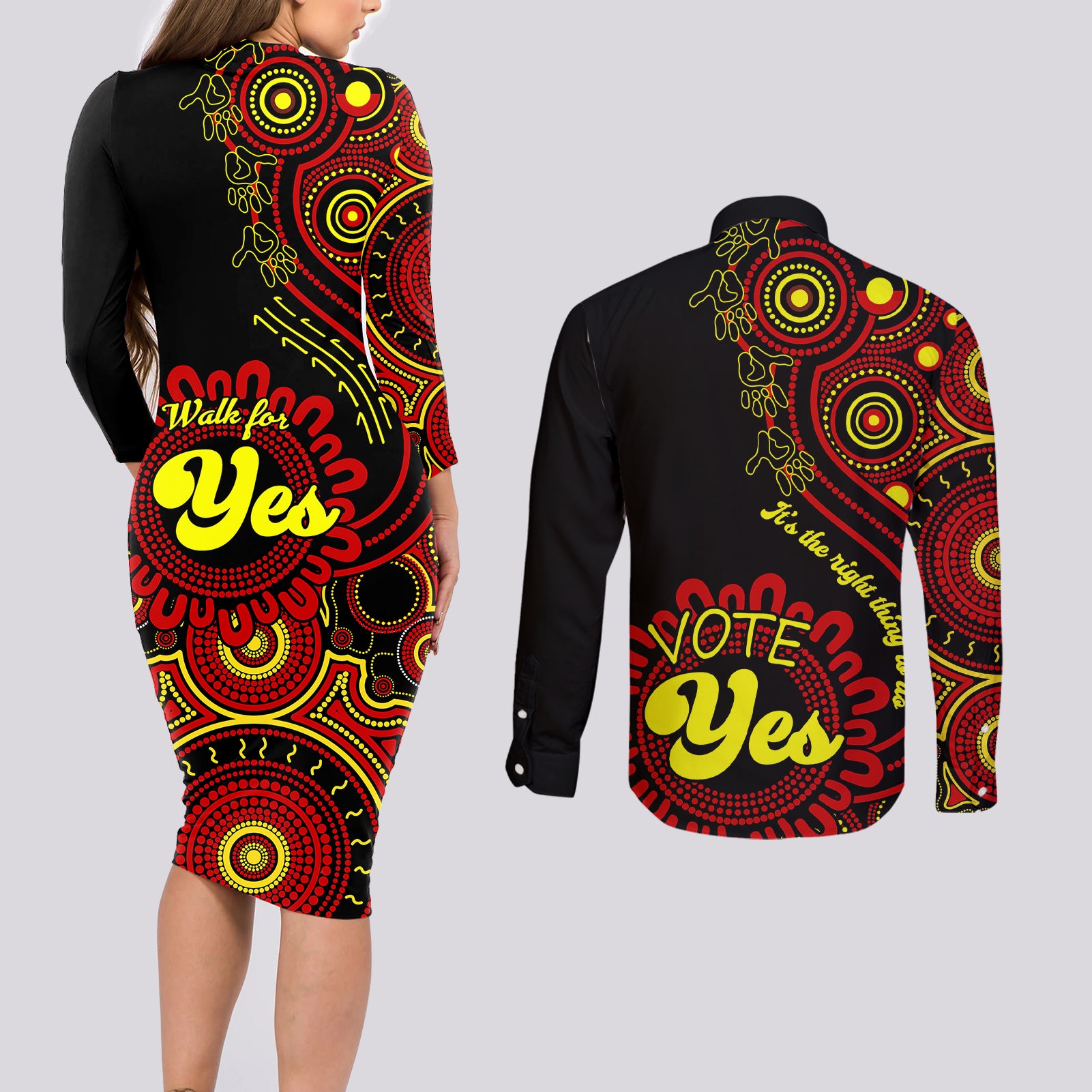 australia-walk-for-yes-couples-matching-long-sleeve-bodycon-dress-and-long-sleeve-button-shirts-indigenous-voice-2023-aboriginal-red-vibe