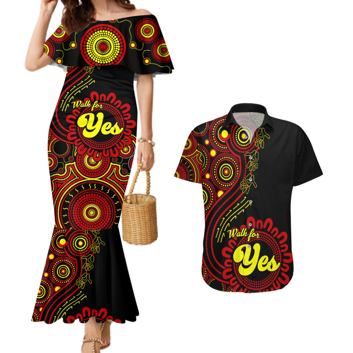 australia-walk-for-yes-couples-matching-mermaid-dress-and-hawaiian-shirt-indigenous-voice-2023-aboriginal-red-vibe
