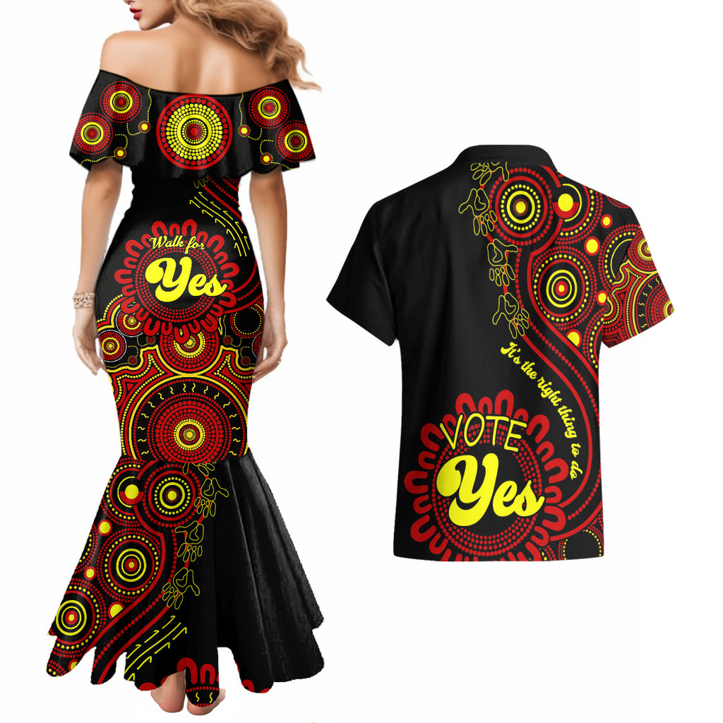 australia-walk-for-yes-couples-matching-mermaid-dress-and-hawaiian-shirt-indigenous-voice-2023-aboriginal-red-vibe