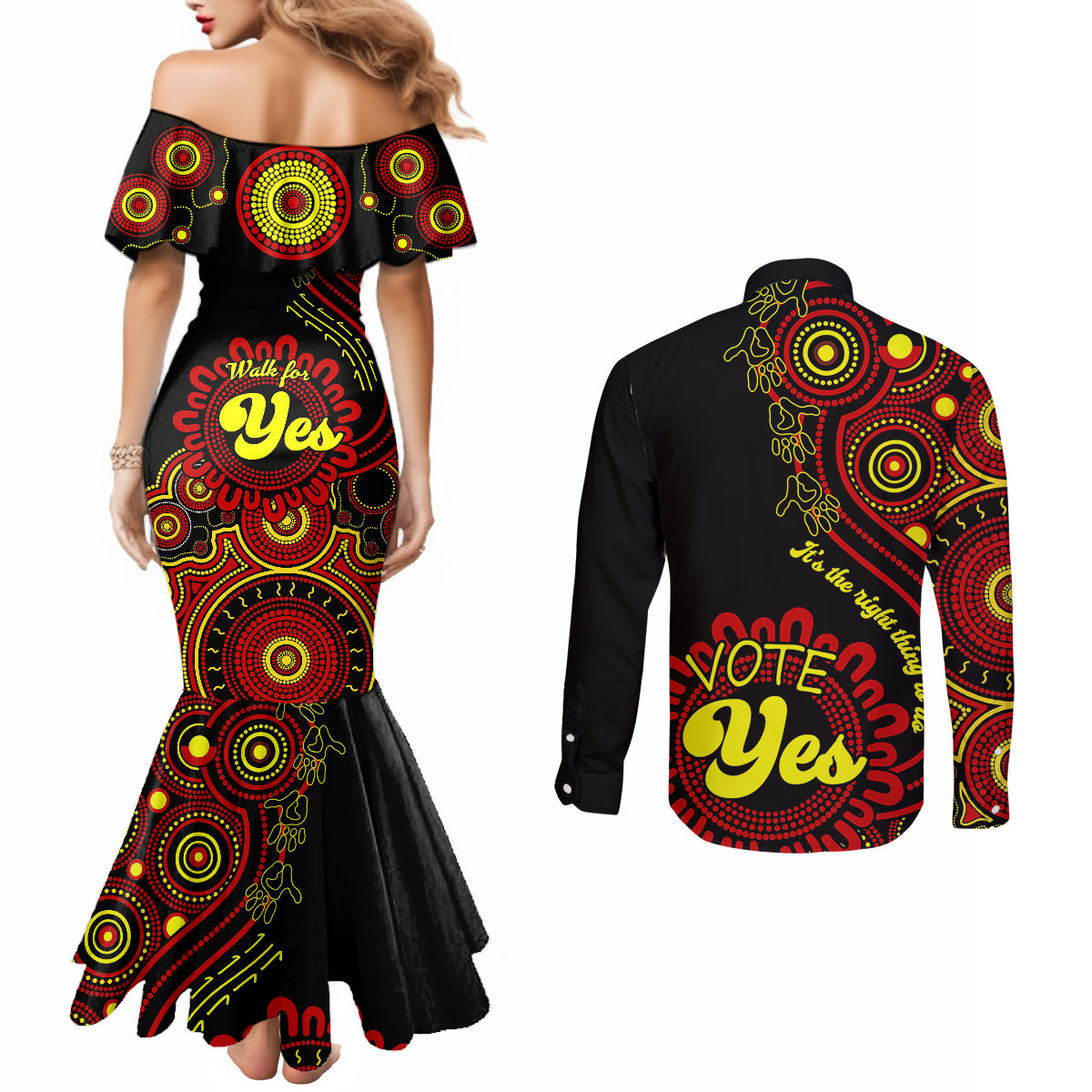australia-walk-for-yes-couples-matching-mermaid-dress-and-long-sleeve-button-shirts-indigenous-voice-2023-aboriginal-red-vibe