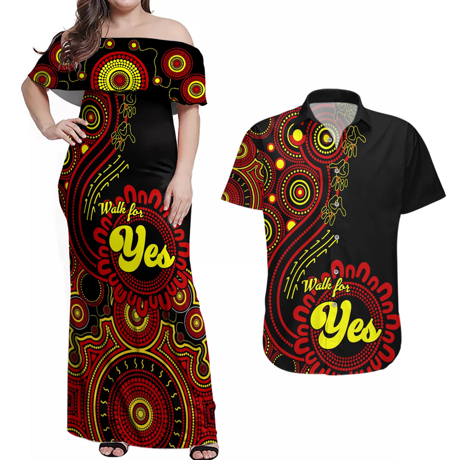 australia-walk-for-yes-couples-matching-off-shoulder-maxi-dress-and-hawaiian-shirt-indigenous-voice-2023-aboriginal-red-vibe