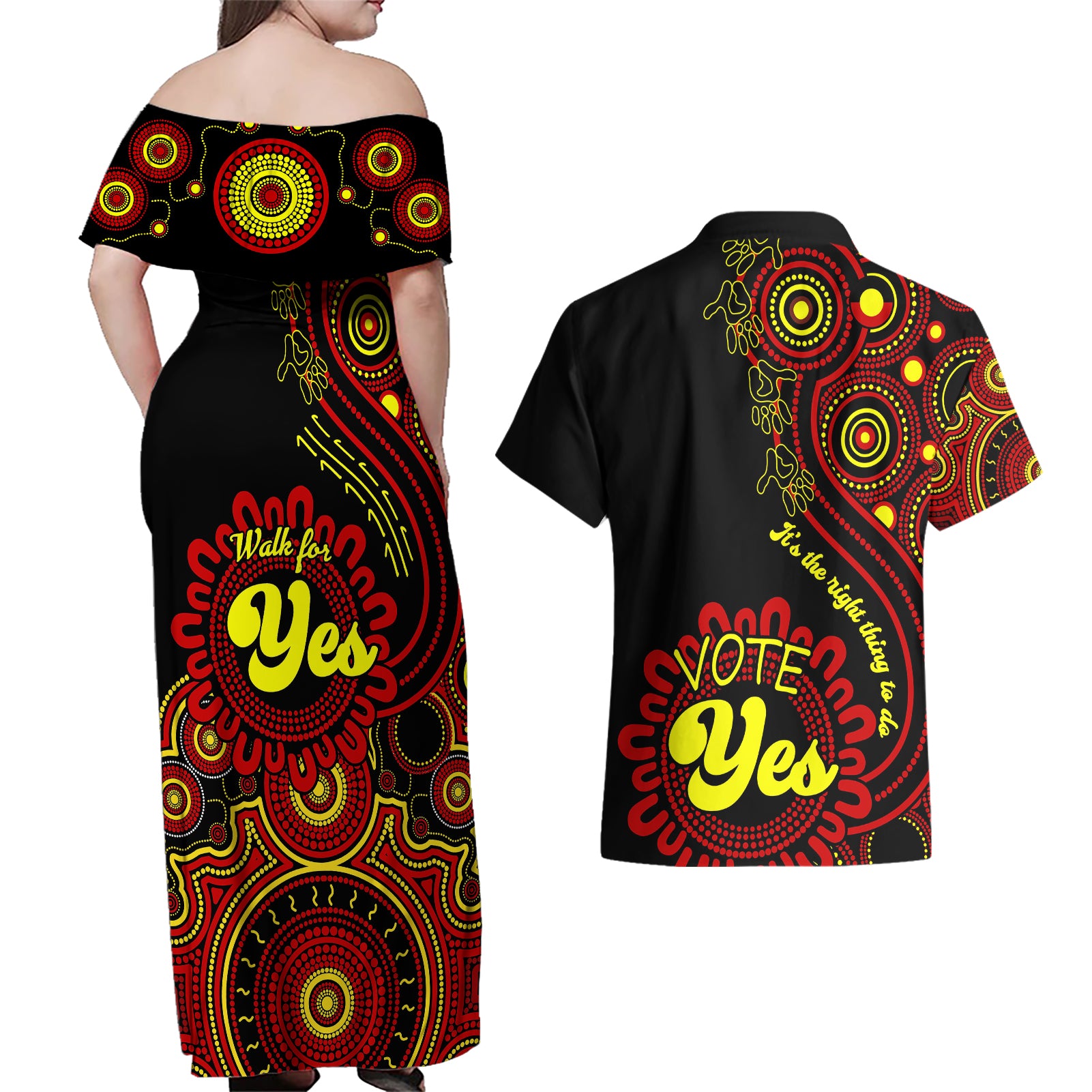 australia-walk-for-yes-couples-matching-off-shoulder-maxi-dress-and-hawaiian-shirt-indigenous-voice-2023-aboriginal-red-vibe