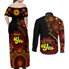 australia-walk-for-yes-couples-matching-off-shoulder-maxi-dress-and-long-sleeve-button-shirts-indigenous-voice-2023-aboriginal-red-vibe