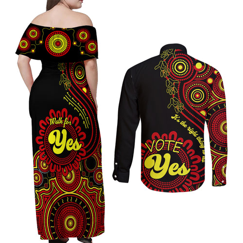 australia-walk-for-yes-couples-matching-off-shoulder-maxi-dress-and-long-sleeve-button-shirts-indigenous-voice-2023-aboriginal-red-vibe