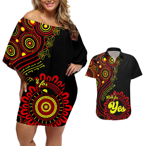 australia-walk-for-yes-couples-matching-off-shoulder-short-dress-and-hawaiian-shirt-indigenous-voice-2023-aboriginal-red-vibe