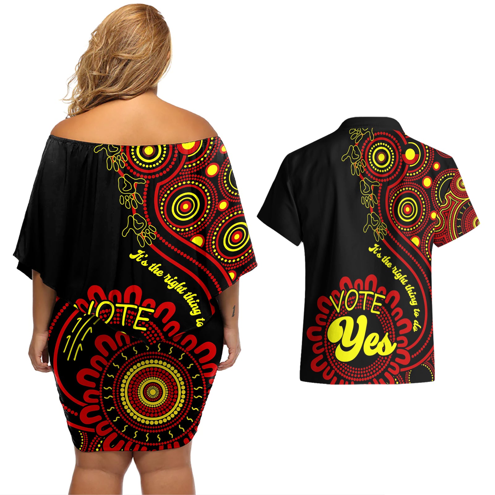 australia-walk-for-yes-couples-matching-off-shoulder-short-dress-and-hawaiian-shirt-indigenous-voice-2023-aboriginal-red-vibe