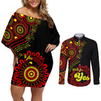 australia-walk-for-yes-couples-matching-off-shoulder-short-dress-and-long-sleeve-button-shirts-indigenous-voice-2023-aboriginal-red-vibe