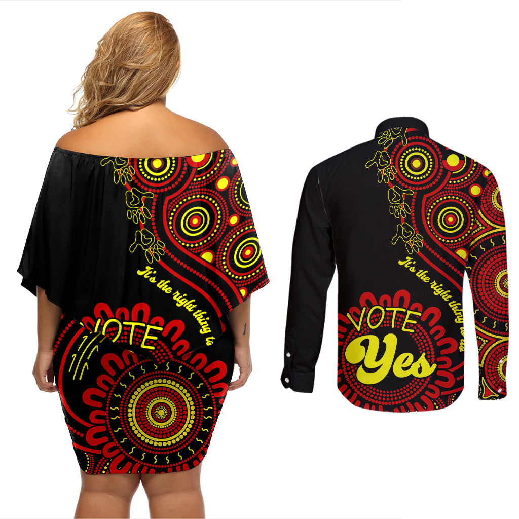 australia-walk-for-yes-couples-matching-off-shoulder-short-dress-and-long-sleeve-button-shirts-indigenous-voice-2023-aboriginal-red-vibe