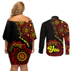 australia-walk-for-yes-couples-matching-off-shoulder-short-dress-and-long-sleeve-button-shirts-indigenous-voice-2023-aboriginal-red-vibe