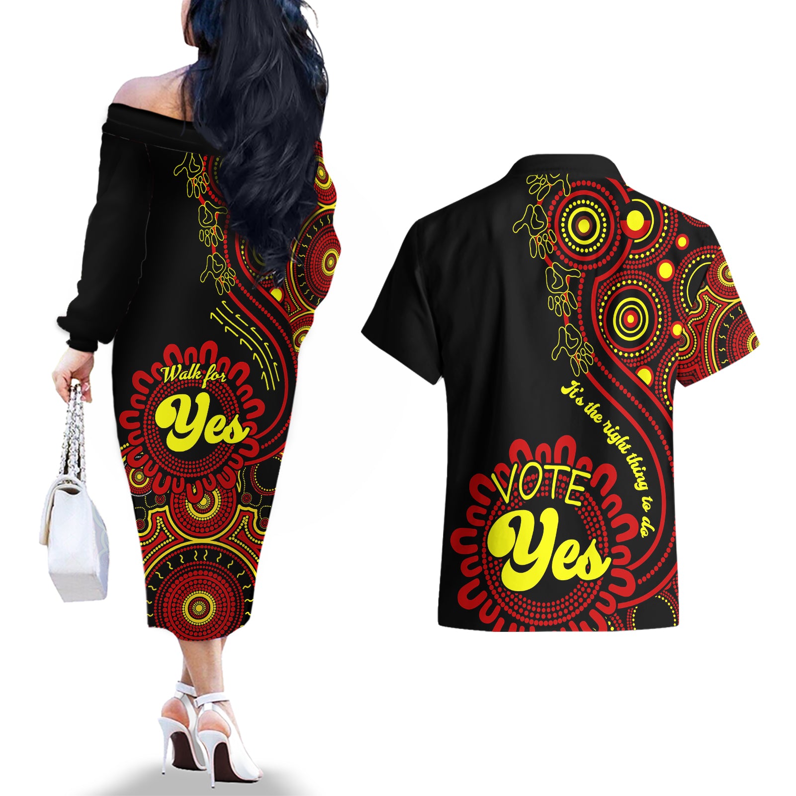 australia-walk-for-yes-couples-matching-off-the-shoulder-long-sleeve-dress-and-hawaiian-shirt-indigenous-voice-2023-aboriginal-red-vibe