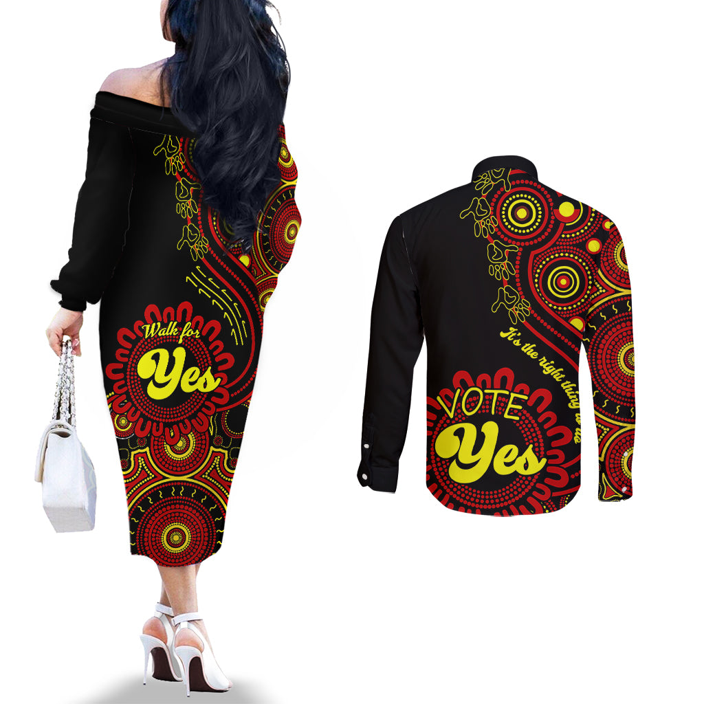 australia-walk-for-yes-couples-matching-off-the-shoulder-long-sleeve-dress-and-long-sleeve-button-shirts-indigenous-voice-2023-aboriginal-red-vibe