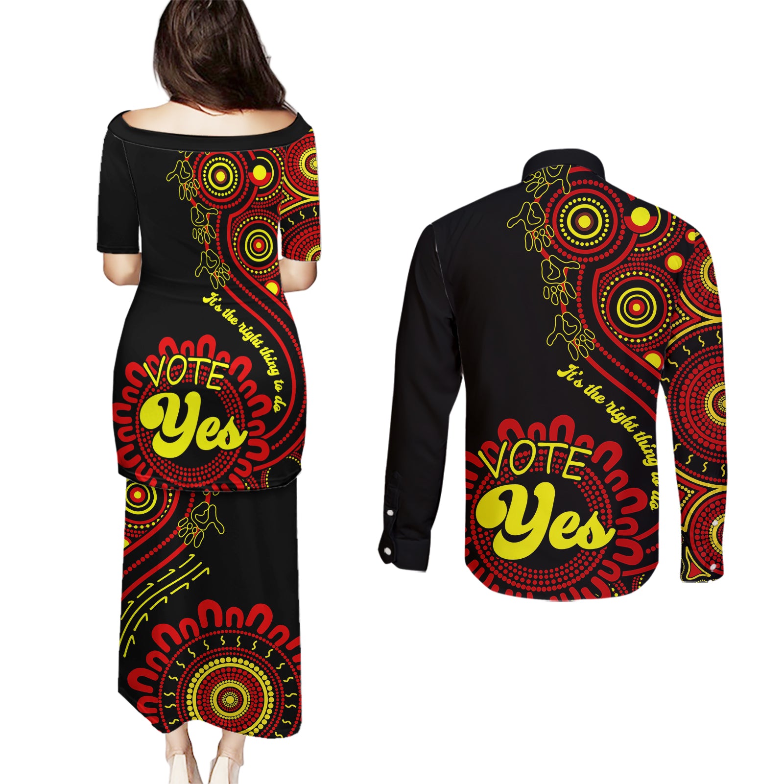 australia-walk-for-yes-couples-matching-puletasi-dress-and-long-sleeve-button-shirts-indigenous-voice-2023-aboriginal-red-vibe