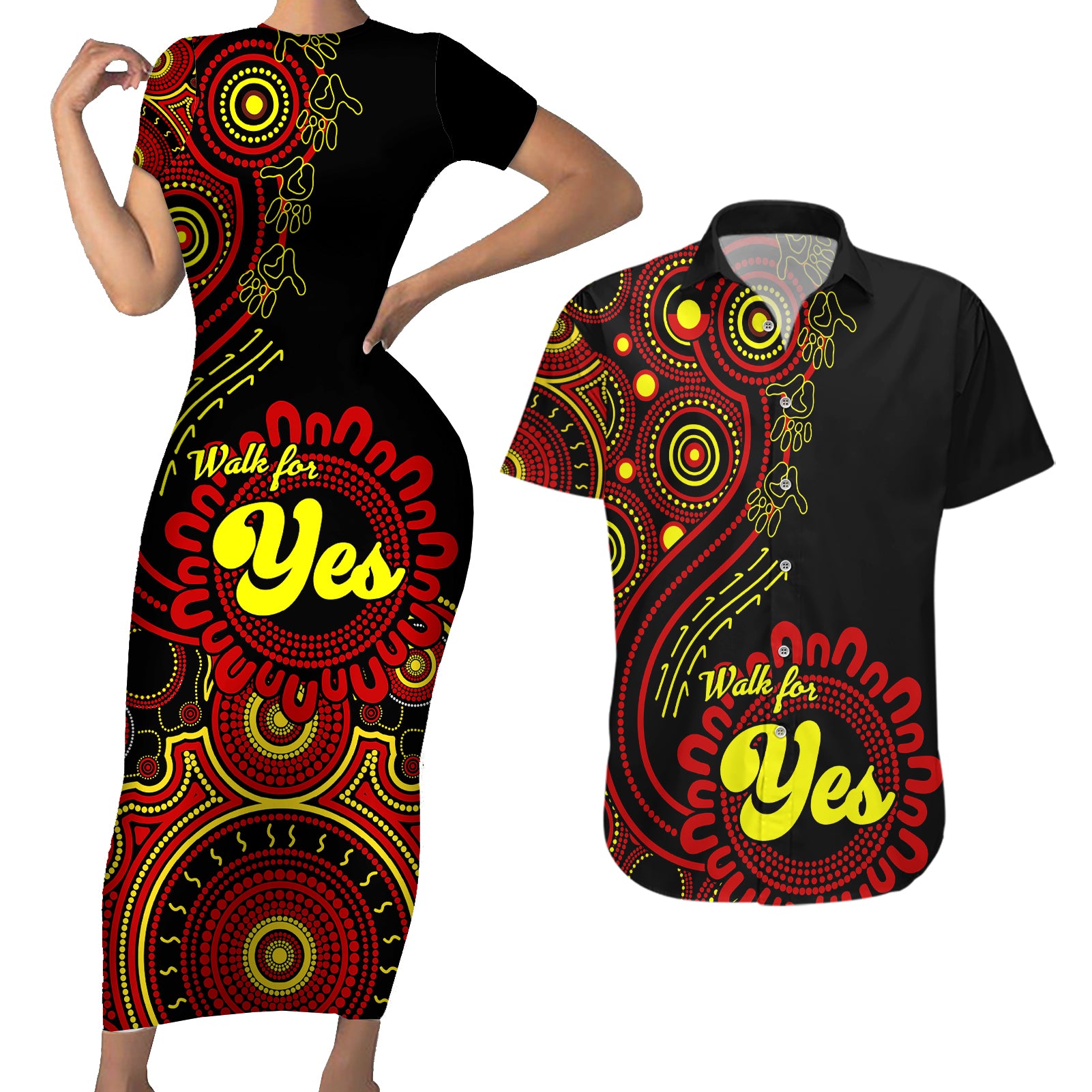 australia-walk-for-yes-couples-matching-short-sleeve-bodycon-dress-and-hawaiian-shirt-indigenous-voice-2023-aboriginal-red-vibe