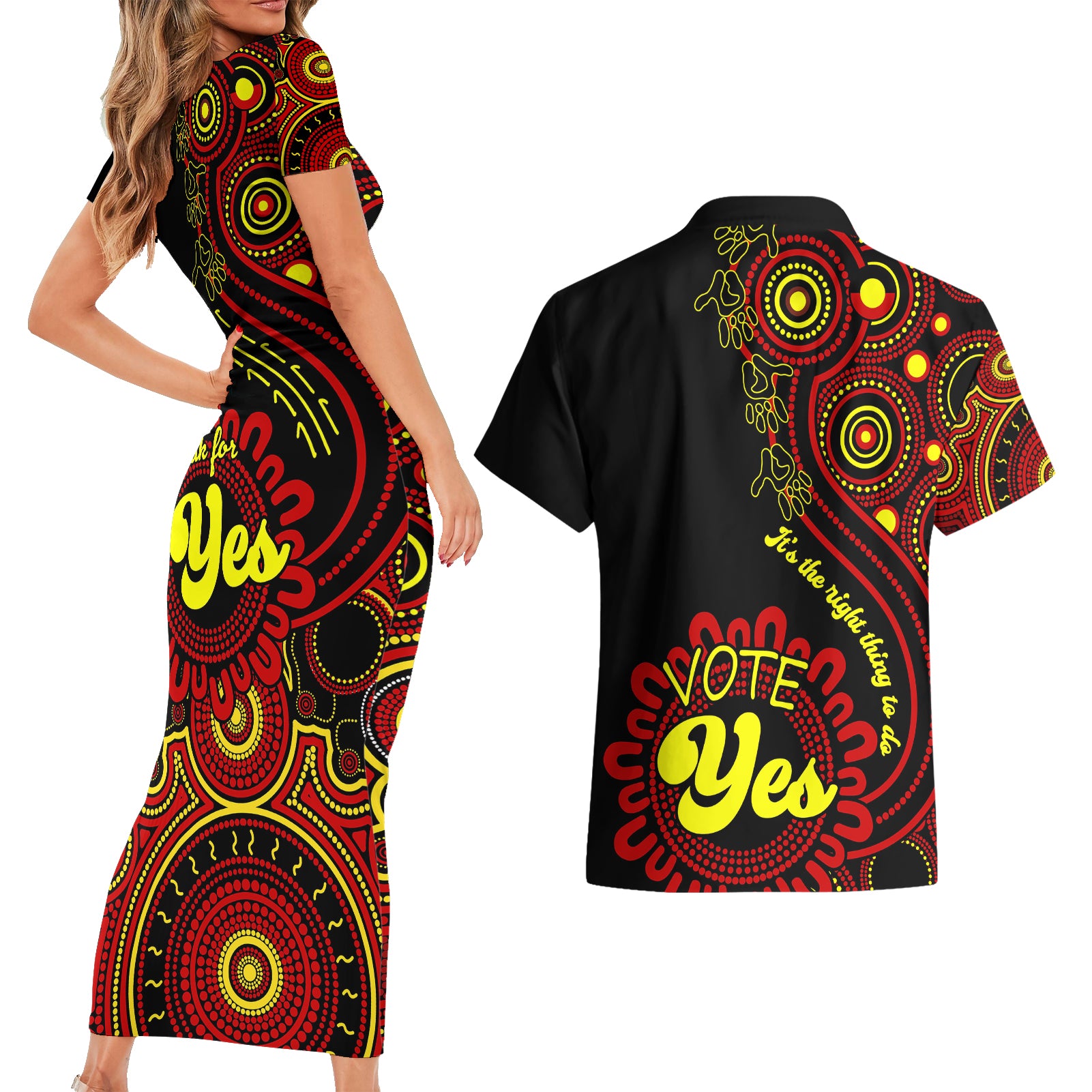 australia-walk-for-yes-couples-matching-short-sleeve-bodycon-dress-and-hawaiian-shirt-indigenous-voice-2023-aboriginal-red-vibe